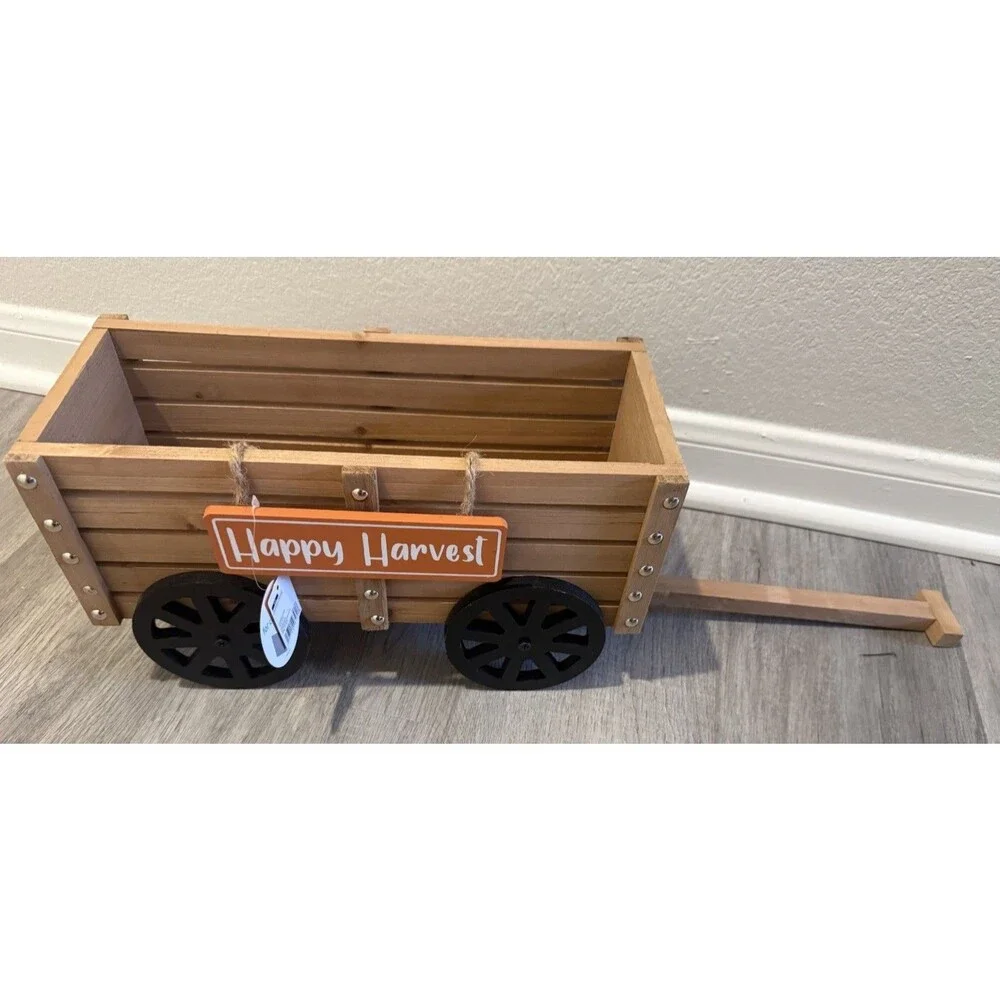 Wood Country Wagon Handcrafted Happy Harvest Basket Crate Flower box